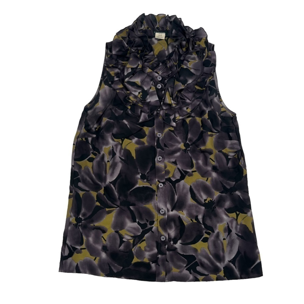 J. Crew Gray Silk Floral Sleeveless Ruffled Blouse Size 2 Women’s